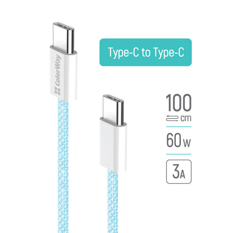 Cablu ColorWay (CW-CBPDCC061-BL), for MacBook Pro, Type-C to Type-C, PD Fast Charging 60W, 3A, Nylon, 1m, Albastru