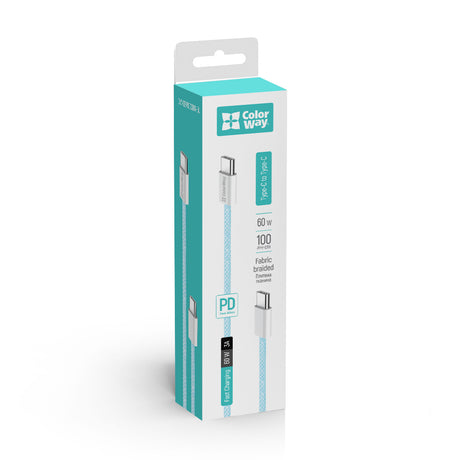 Cablu ColorWay (CW-CBPDCC061-BL), for MacBook Pro, Type-C to Type-C, PD Fast Charging 60W, 3A, Nylon, 1m, Albastru