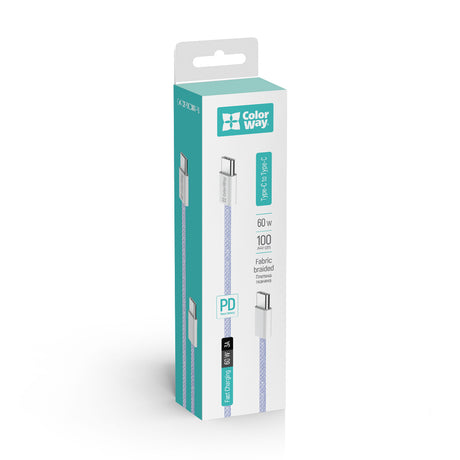 Cablu ColorWay (CW-CBPDCC061-PU), for MacBook Pro, Type-C to Type-C, PD Fast Charging 60W, 3A, Nylon, 1m, Mov