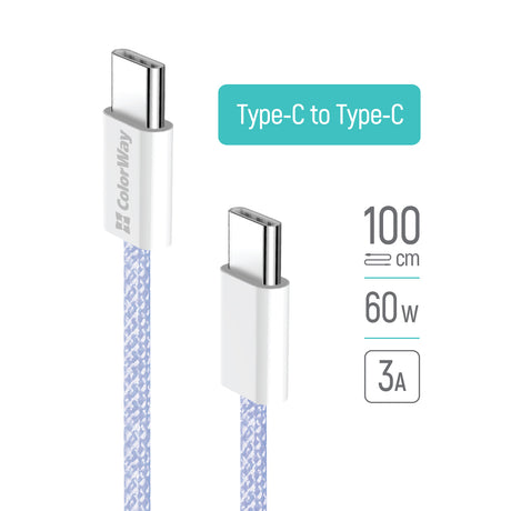 Cablu ColorWay (CW-CBPDCC061-PU), for MacBook Pro, Type-C to Type-C, PD Fast Charging 60W, 3A, Nylon, 1m, Mov