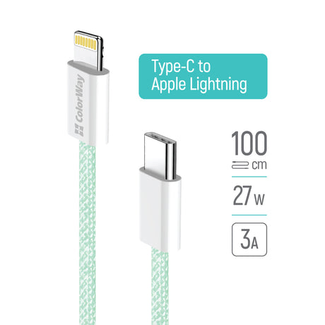 Cablu ColorWay (CW-CBPDCL061-G), Type-C to Apple Lightning, PD 27W, 3A, 480Mbps, Nylon, 1m, Verde