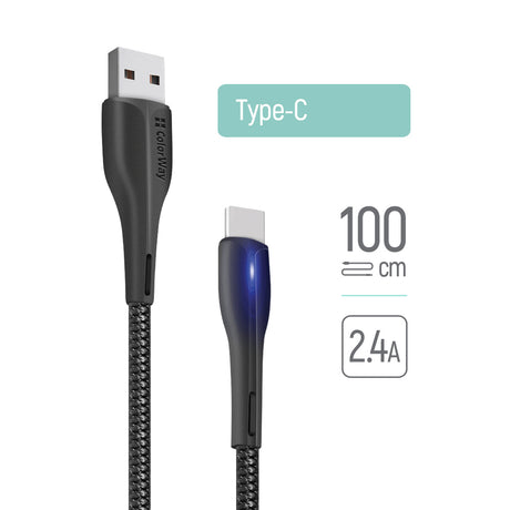 Cablu ColorWay (CW-CBUC034-BK), USB to Type-C, for Syncing & Charging, with LED indicator, 2.4A, 480Mbps, 1m, Negru