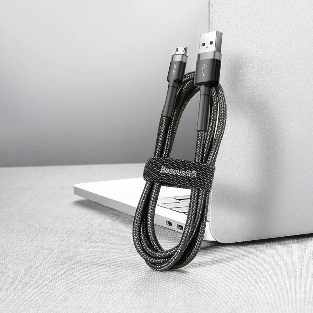 Cablu Baseus Cafule Series Metal (CAMKLF-BG1), USB to Micro-USB, 2.4A, Quick Charge, Nylon Braid, Velcro, 1m, Negru