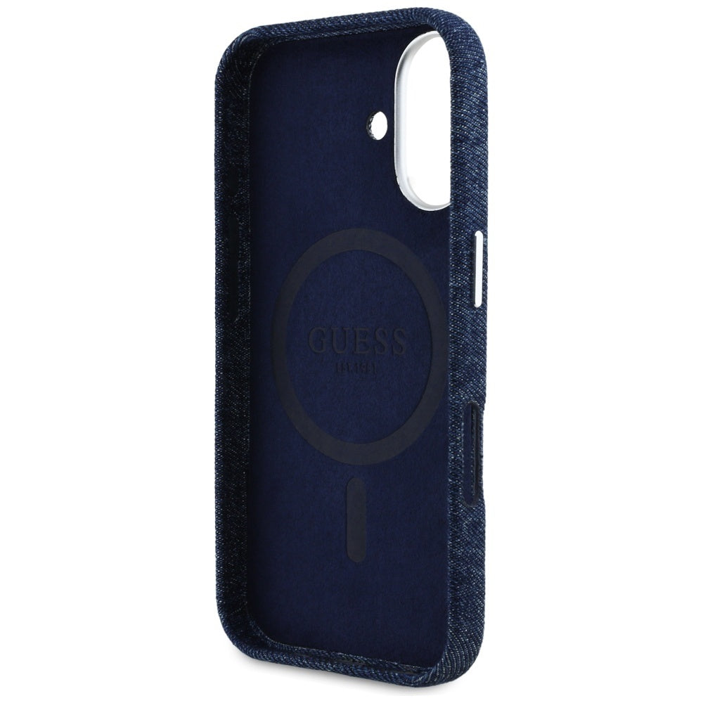 Husa de protectie Guess Denim Triangle Logo MagSafe (GUHMP16SRJFWTLB) compatibil cu iPhone 16, Albastru