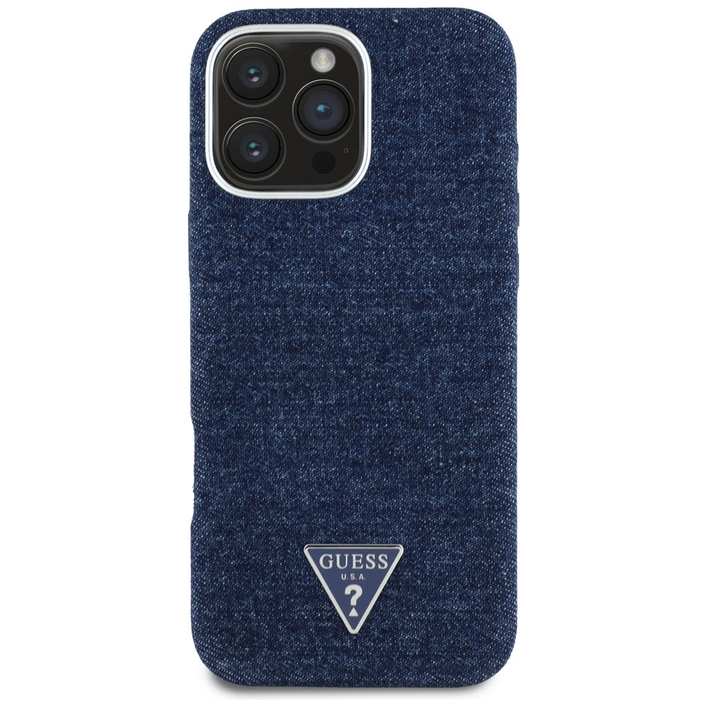 Husa de protectie Guess Denim Triangle Logo MagSafe (GUHMP16LRJFWTLB) compatibil cu iPhone 16 Pro, Albastru