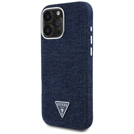 Husa de protectie Guess Denim Triangle Logo MagSafe (GUHMP16LRJFWTLB) compatibil cu iPhone 16 Pro, Albastru