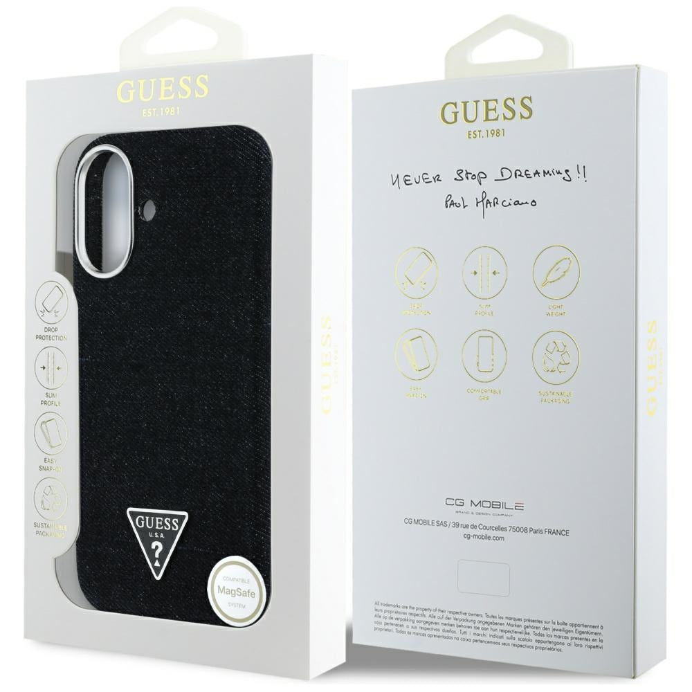 Husa de protectie Guess Denim Triangle Logo MagSafe (GUHMP16SRJFWTLK) compatibil cu iPhone 16, Negru