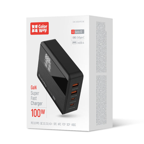 Gadget ColorWay Charger Cable Adapter (CW-CHS041PD-BK), 2xUSB QC, 2xType-C PD3.0 PPS, Huawei FCP, VOOC, 100W, LED Display, Negru