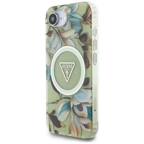 Husa de protectie Guess IML Metal Glitter Flowers Triangle MagSafe (GUHMPSE4HFLPEDN) compatibil cu iPhone 16e / iPhone 17e, Verde