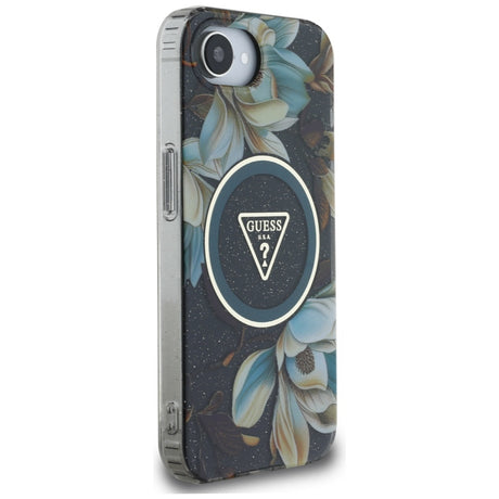 Husa de protectie Guess IML Metal Glitter Flowers Triangle MagSafe (GUHMPSE4HFLPEDK) compatibil cu iPhone 16e / iPhone 17e, Negru