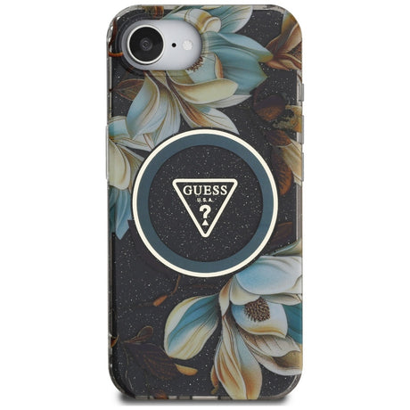 Husa de protectie Guess IML Metal Glitter Flowers Triangle MagSafe (GUHMPSE4HFLPEDK) compatibil cu iPhone 16e / iPhone 17e, Negru