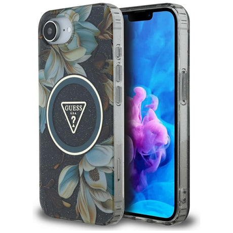 Husa de protectie Guess IML Metal Glitter Flowers Triangle MagSafe (GUHMPSE4HFLPEDK) compatibil cu iPhone 16e / iPhone 17e, Negru