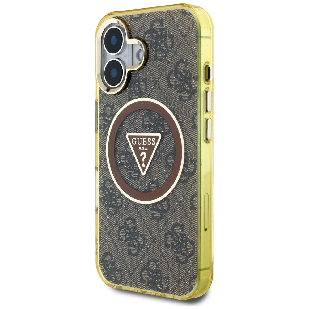 Husa de protectie Guess IML Metal Glitter 4G Circle Triangle MagSafe (GUHMP16SHG4PRTGW) compatibil cu iPhone 16, Maro