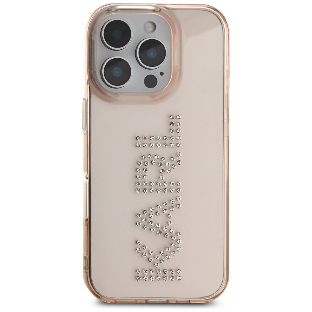 Husa de protectie Karl Lagerfeld IML Rhinestones (KLHCP16LHKLSTDCP) compatibil cu iPhone 16 Pro, Roz Logo