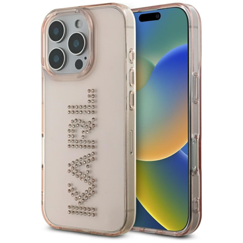 Husa de protectie Karl Lagerfeld IML Rhinestones (KLHCP16LHKLSTDCP) compatibil cu iPhone 16 Pro, Roz Logo