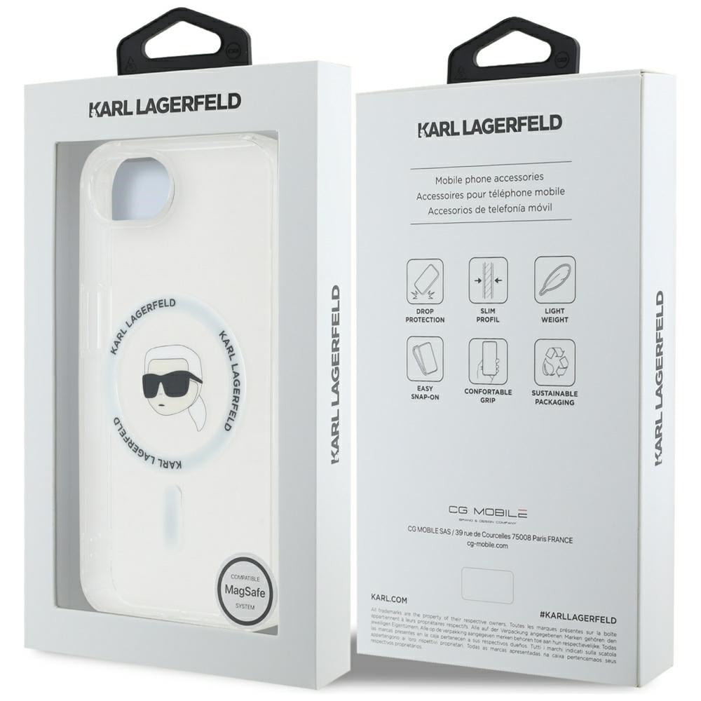 Husa de protectie Karl Lagerfeld IML MagSafe (KLHMPSE4HLSKIH) compatibil cu iPhone 16e / iPhone 17e - White Karl`s Head