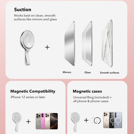 Suport ESR Suction Phone HaloLock (2K6500201), Hands-Free Mirror Phone Stand, Magnetic, 360° Rotation Ring, Alb