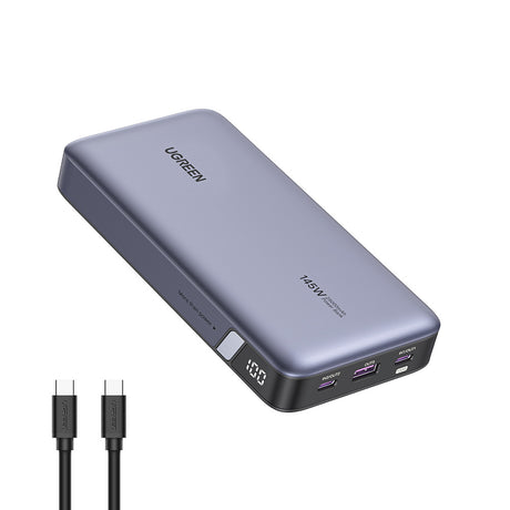 Baterie externa Ugreen PB205 (90597A), Fast Charge, Digital Display, 25000mAh, USB, 2x Type-C, PD3.0, 145W, 5V/3A, Gri Spatial