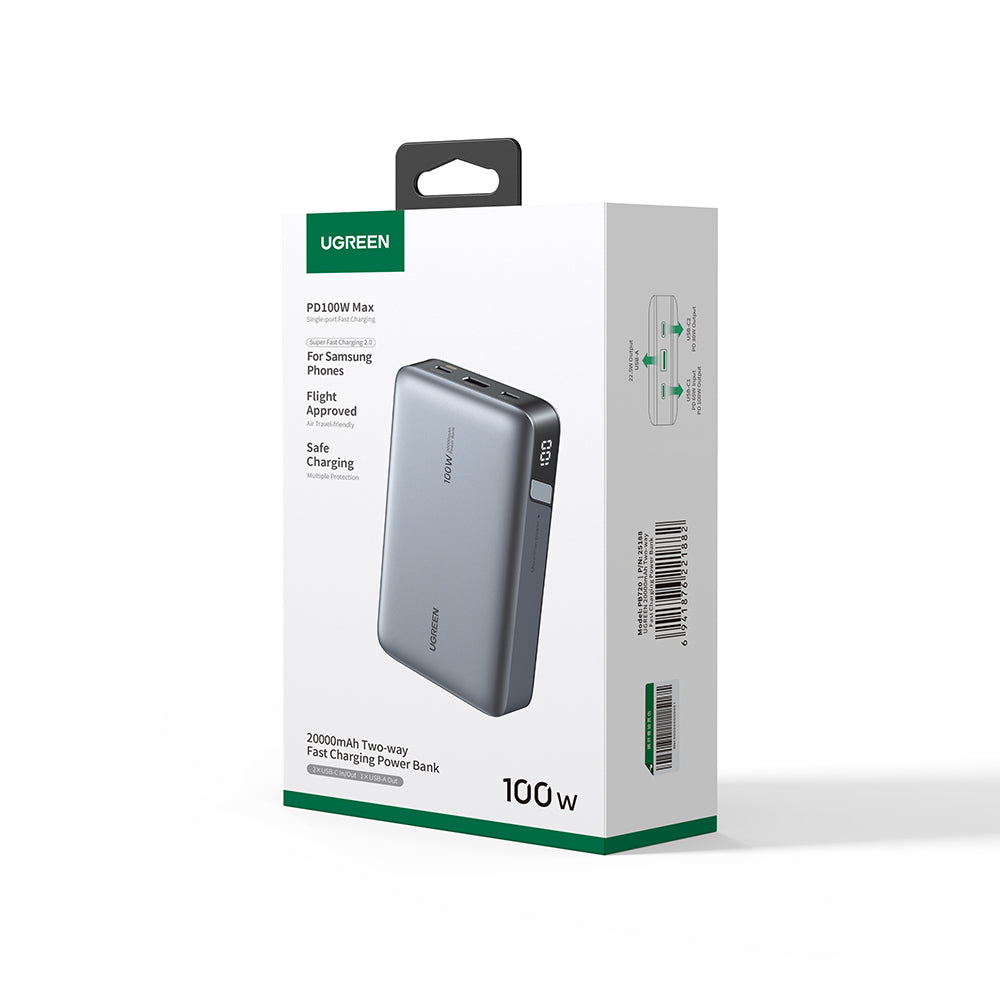 Baterie externa Ugreen PB720 (25188), Two-way Fast Charging, Digital Display, 20000mAh, USB, Type-C, 100W, 5V/3A, Negru