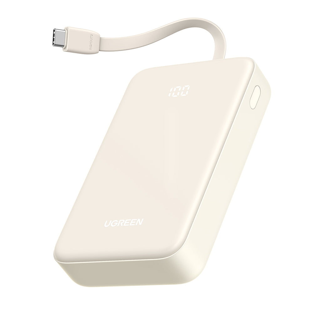 Baterie externa Ugreen PB505 (35340), Fast Charging, 20000mAh, USB, USB-C, Built-in Type-C Cable, 22.5W, 5V/3A, Bej