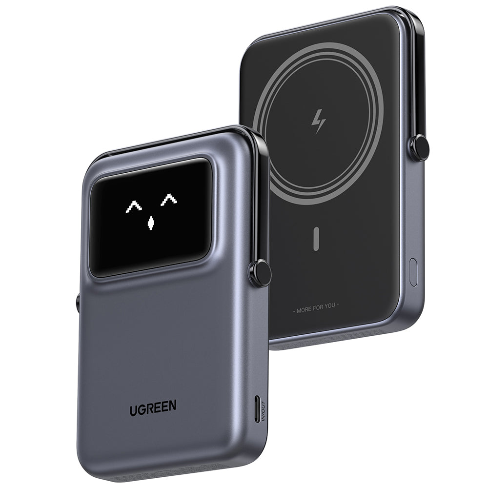 Baterie externa Ugreen Wireless Uno PB572 (45327), MagSafe, Fast Charge, TFT Display, Stand, 10000mAh, USB-C, 20W, 5V/3A, Gri