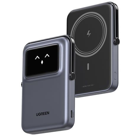 Baterie externa Ugreen Wireless Uno PB572 (45327), MagSafe, Fast Charge, TFT Display, Stand, 10000mAh, USB-C, 20W, 5V/3A, Gri