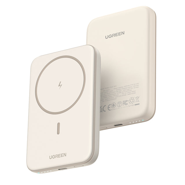 Baterie externa Ugreen PB560 (25207), Fast Charge, Wireless, Magnetic, 5000mAh, USB-C, 15W, 5V/3A, with Type-C Cable, Bej