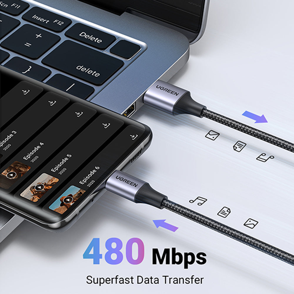 Cablu Ugreen US288 (60126), USB to Type-C, Fast Charging, 3A, 18W, 480Mbps, Nylon Braided, 1m, Gri Spatial