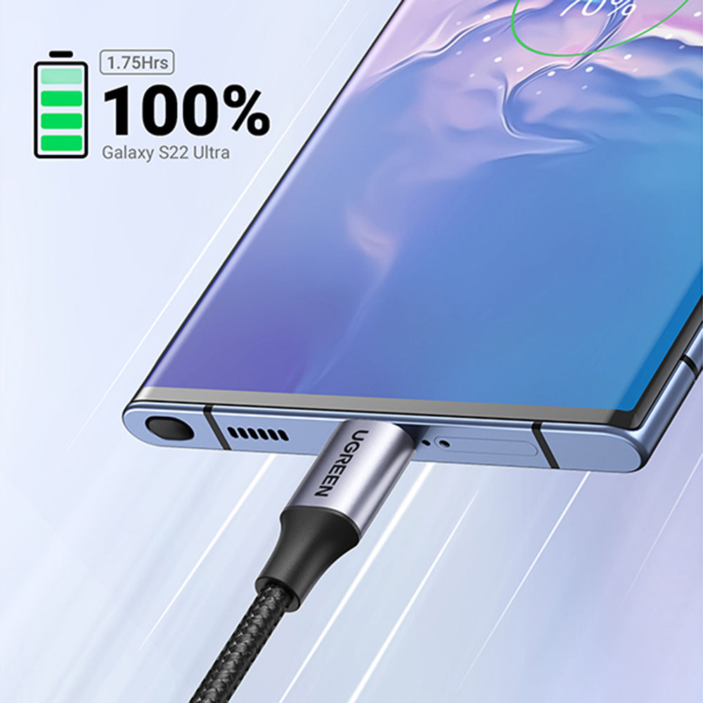 Cablu Ugreen US288 (60126), USB to Type-C, Fast Charging, 3A, 18W, 480Mbps, Nylon Braided, 1m, Gri Spatial