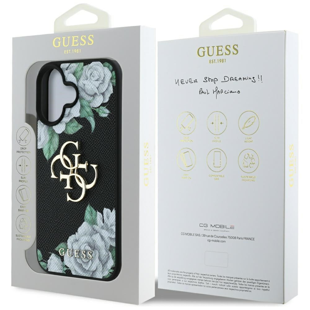 Husa de protectie Guess Hardcase 4G Grained Roses Big Logo (GUHCP16SPGROP4MK) compatibil cu iPhone 16, Negru