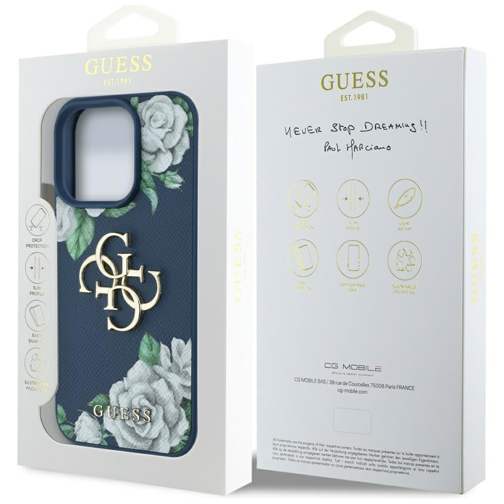 Husa de protectie Guess Hardcase 4G Grained Roses Big Logo (GUHCP16LPGROP4MB) compatibil cu iPhone 16 Pro, Albastru
