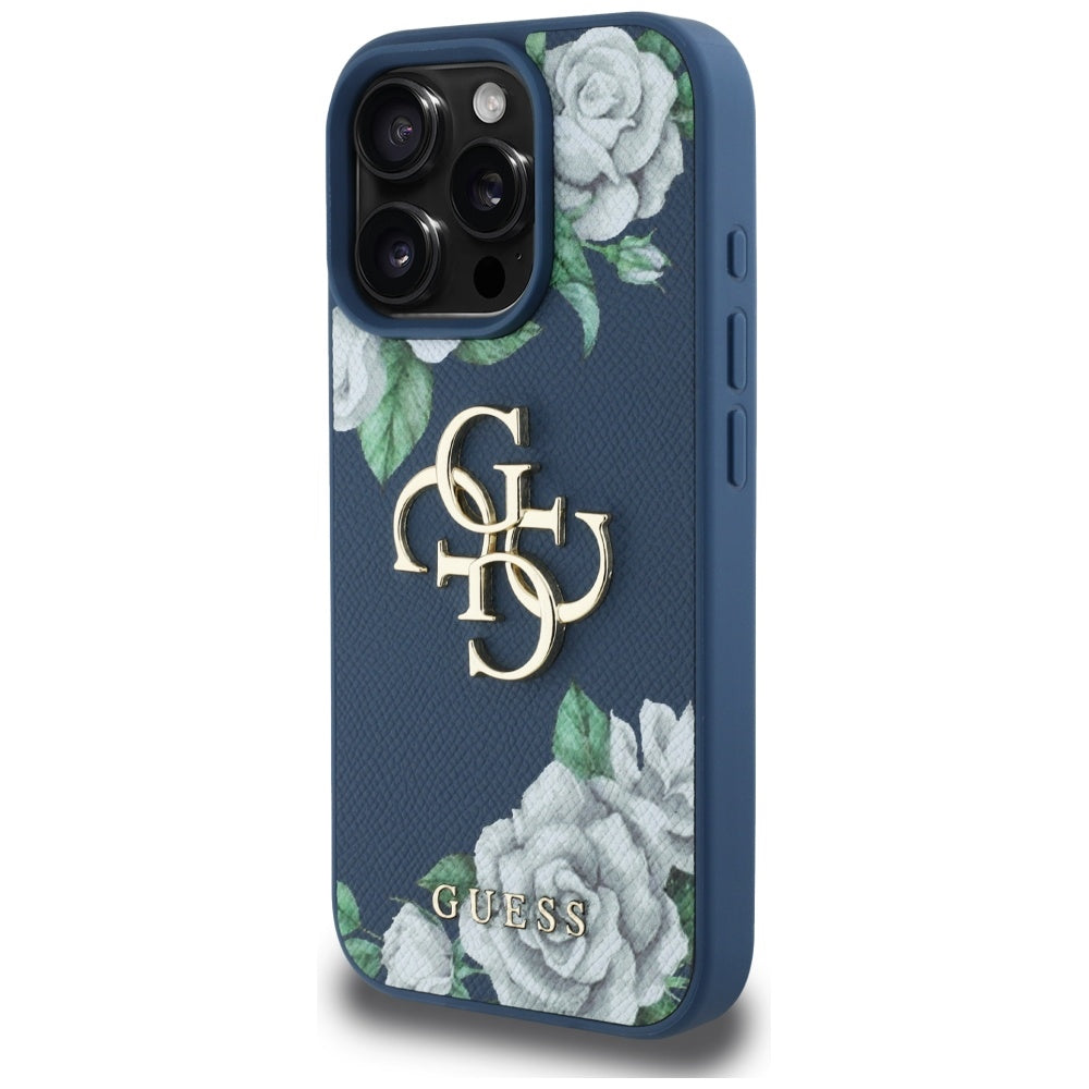 Husa de protectie Guess Hardcase 4G Grained Roses Big Logo (GUHCP16LPGROP4MB) compatibil cu iPhone 16 Pro, Albastru