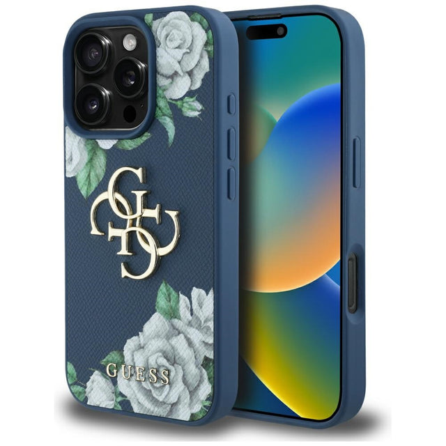 Husa de protectie Guess Hardcase 4G Grained Roses Big Logo (GUHCP16LPGROP4MB) compatibil cu iPhone 16 Pro, Albastru