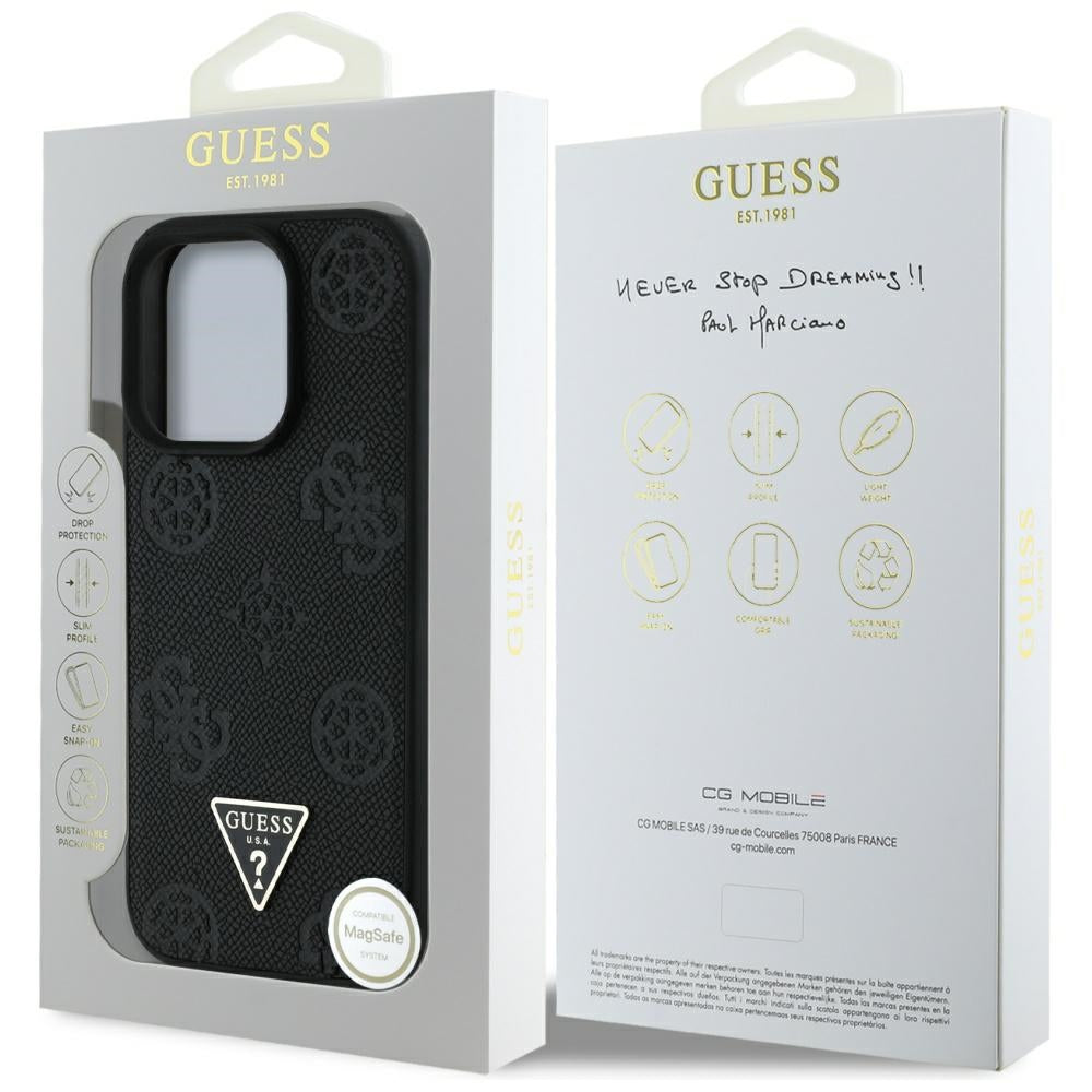 Husa de protectie Guess Peony Grained Hot Stamp Triangle MagSafe (GUHMP16LPGBTMK) compatibil cu iPhone 16 Pro, Negru