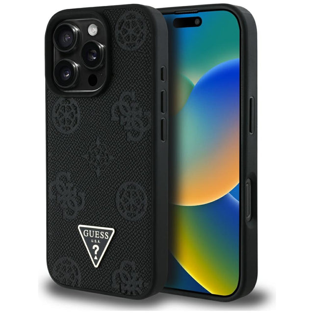 Husa de protectie Guess Peony Grained Hot Stamp Triangle MagSafe (GUHMP16LPGBTMK) compatibil cu iPhone 16 Pro, Negru