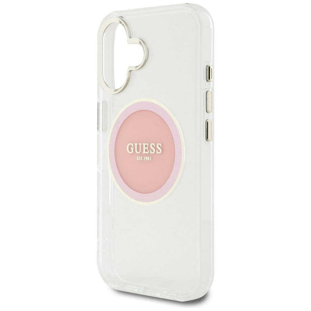 Husa de protectie Guess IML Metal Colored Circle MagSafe (GUHMP16SHTDRCEDP) compatibil cu iPhone 16, Roz