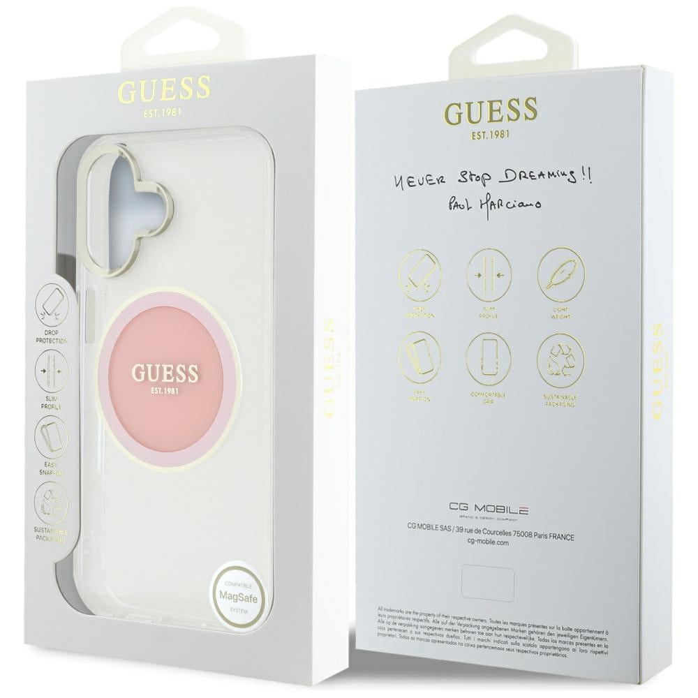 Husa de protectie Guess IML Metal Colored Circle MagSafe (GUHMP16SHTDRCEDP) compatibil cu iPhone 16, Roz
