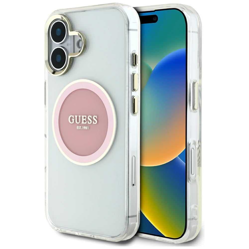 Husa de protectie Guess IML Metal Colored Circle MagSafe (GUHMP16SHTDRCEDP) compatibil cu iPhone 16, Roz