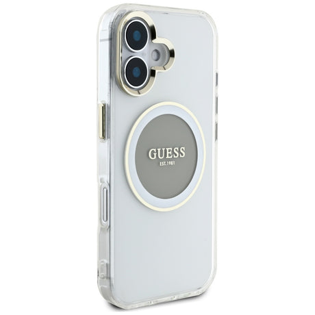 Husa de protectie Guess IML Metal Colored Circle MagSafe (GUHMP16SHTDRCEDG) compatibil cu iPhone 16, Gri