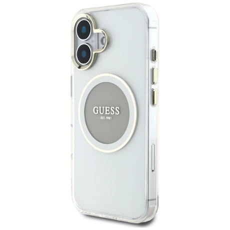 Husa de protectie Guess IML Metal Colored Circle MagSafe (GUHMP16SHTDRCEDG) compatibil cu iPhone 16, Gri