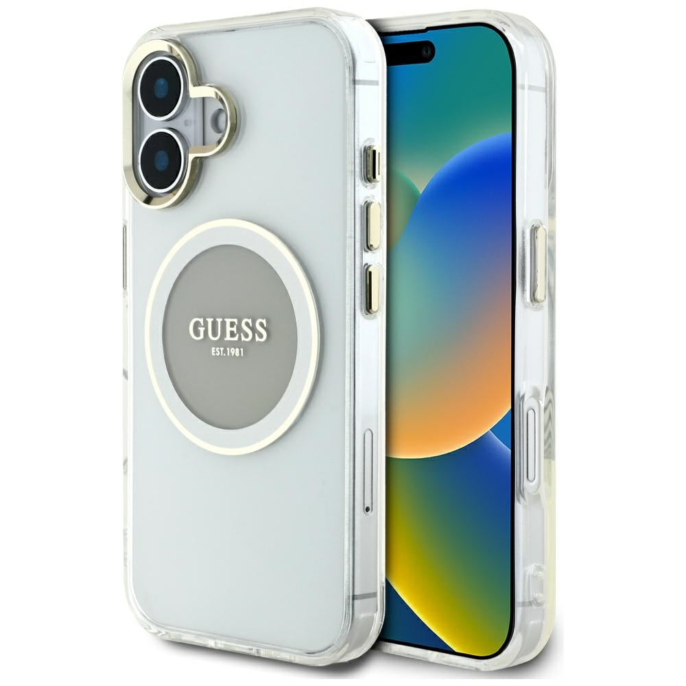 Husa de protectie Guess IML Metal Colored Circle MagSafe (GUHMP16SHTDRCEDG) compatibil cu iPhone 16, Gri