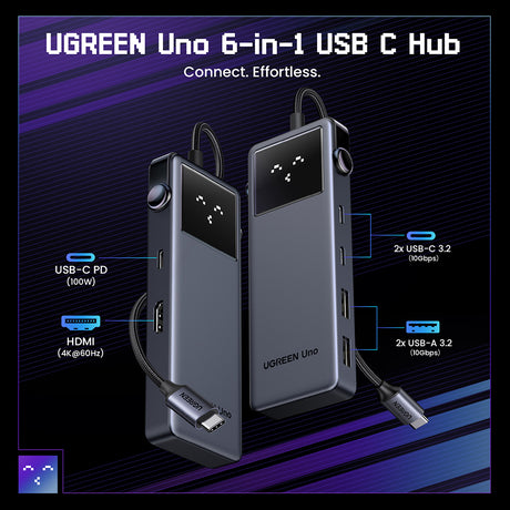 Hub/Dock Ugreen Docking Station Uno 6in1 CM888 (35998), LED Display, 2x USB, 2x Type-C, HDMI, 10Gb/s, 4K, 100W, SD/TF Slot, Negru