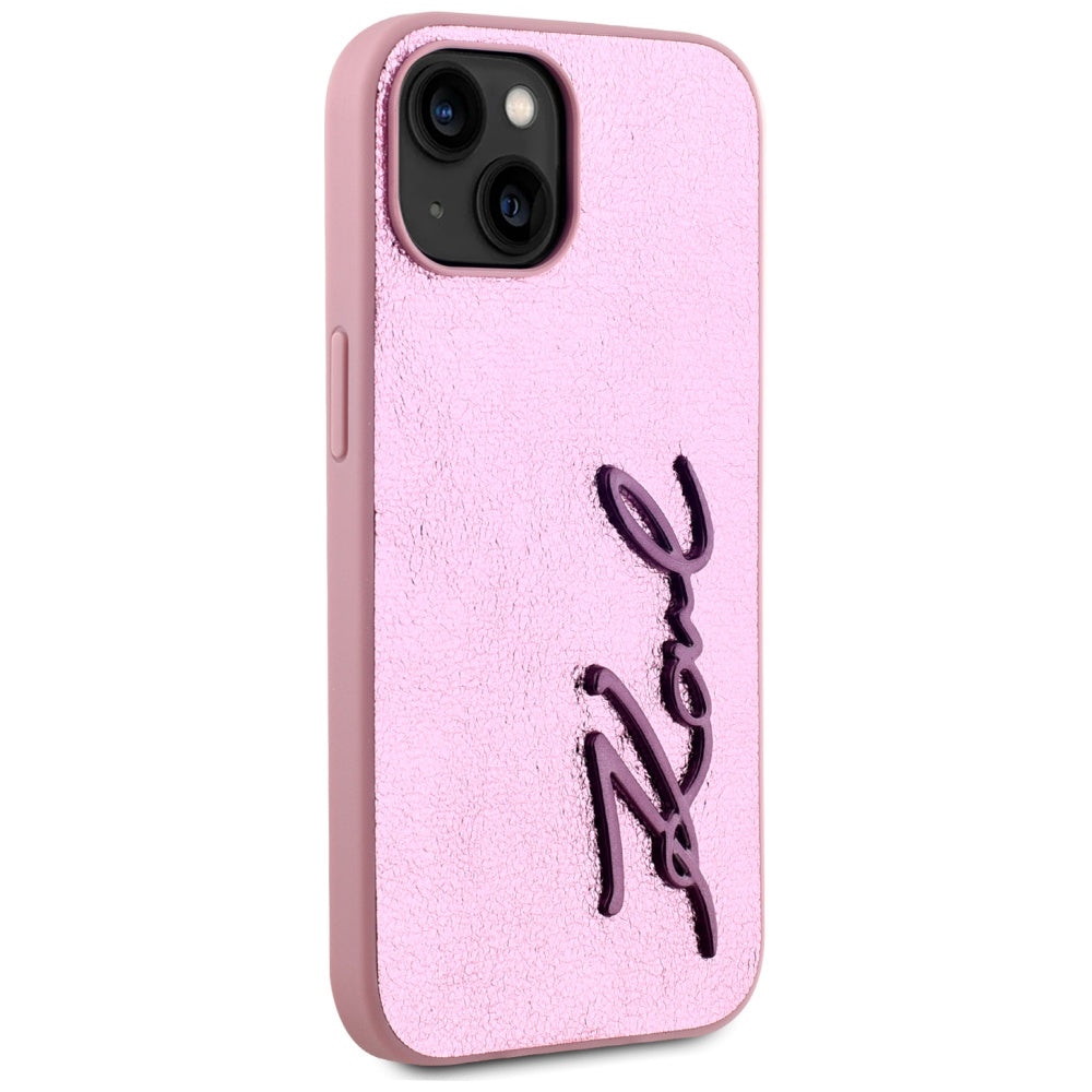 Husa de protectie Karl Lagerfeld Hardcase Leather (KLHCP15SPFMFBKMP) compatibil cu iPhone 15, Roz Metal Signature