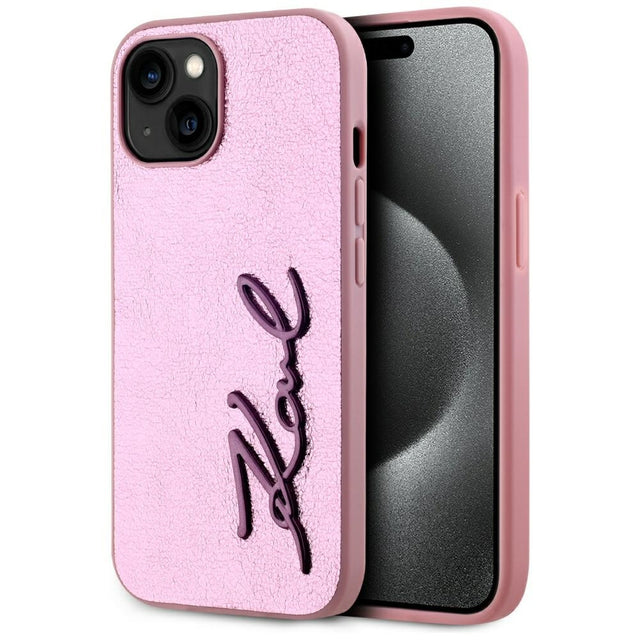 Husa de protectie Karl Lagerfeld Hardcase Leather (KLHCP15SPFMFBKMP) compatibil cu iPhone 15, Roz Metal Signature