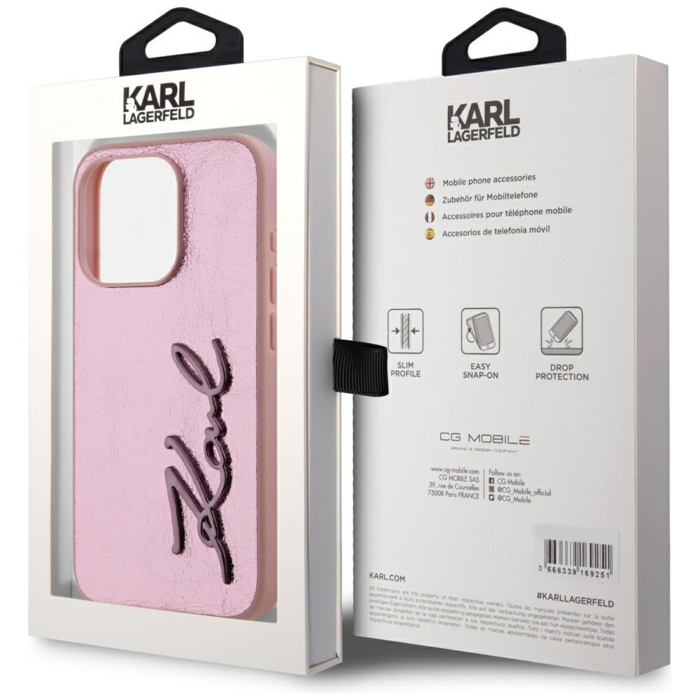 Husa de protectie Karl Lagerfeld Hardcase Leather (KLHCP15LPFMFBKMP) compatibil cu iPhone 15 Pro, Roz Metal Signature