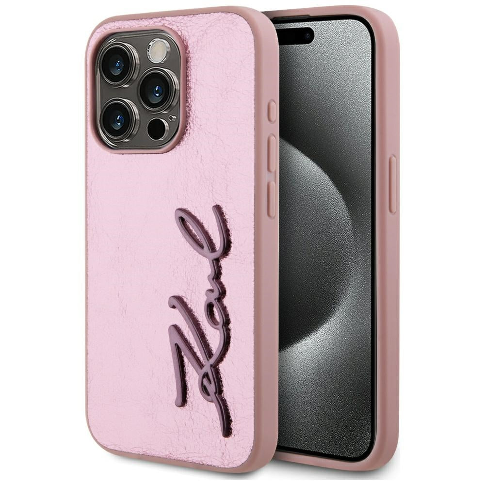 Husa de protectie Karl Lagerfeld Hardcase Leather (KLHCP15XPFMFBKMP) compatibil cu iPhone 15 Pro Max, Roz Metal Signature