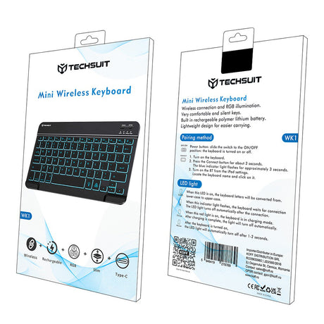 Tastatura/Mouse Techsuit Wireless Keyboard AirKeys (WK1), for Android, Windows, iOS, Bluetooth, 3 Brightness Levels, 7 colors, Type-C, Negru