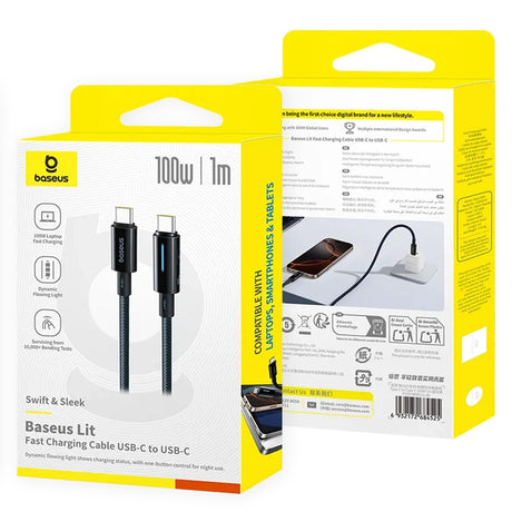 Cablu Baseus Lit (P10379000121-00), for Macbook, Type-C, 100W, Dynamic LED Light, E-marker Chip, 1m, Negru Cosmic
