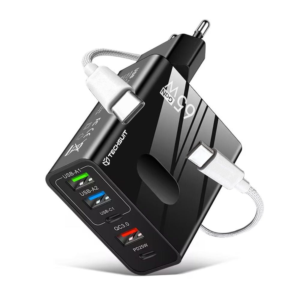 Incarcator Techsuit Premium PentaXPower (CHC1), Type-C Cable Included, 3x USB, 2x Type-C PD 25W, 65W, GaN, 1m, Negru
