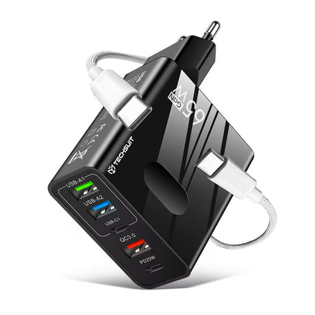 Incarcator Techsuit Premium PentaXPower (CHC1), Type-C Cable Included, 3x USB, 2x Type-C PD 25W, 65W, GaN, 1m, Negru